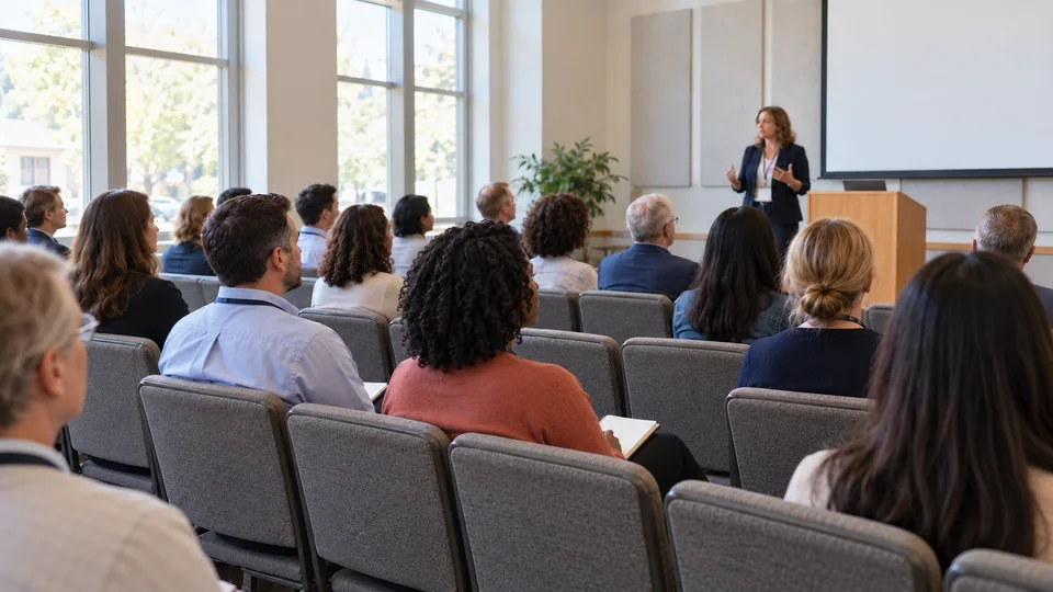 Attendees listen to a speaker during a daytime nonprofit conference session.