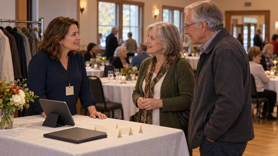 A volunteer welcomes a couple at a nonprofit fundraising dinner.