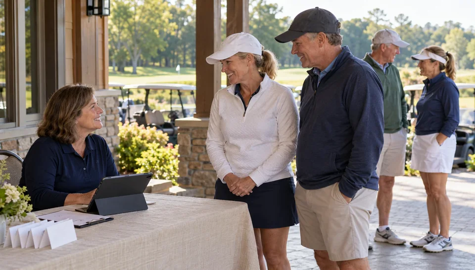 Golfers arrive at the registration desk for a community golf fundraiser.